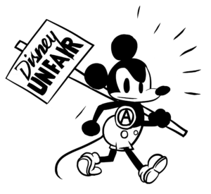 Mickey Mouse angrily walking with a picket sign that says "Disney unfair"